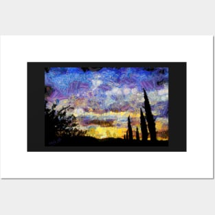 Cypress trees at sunset Posters and Art